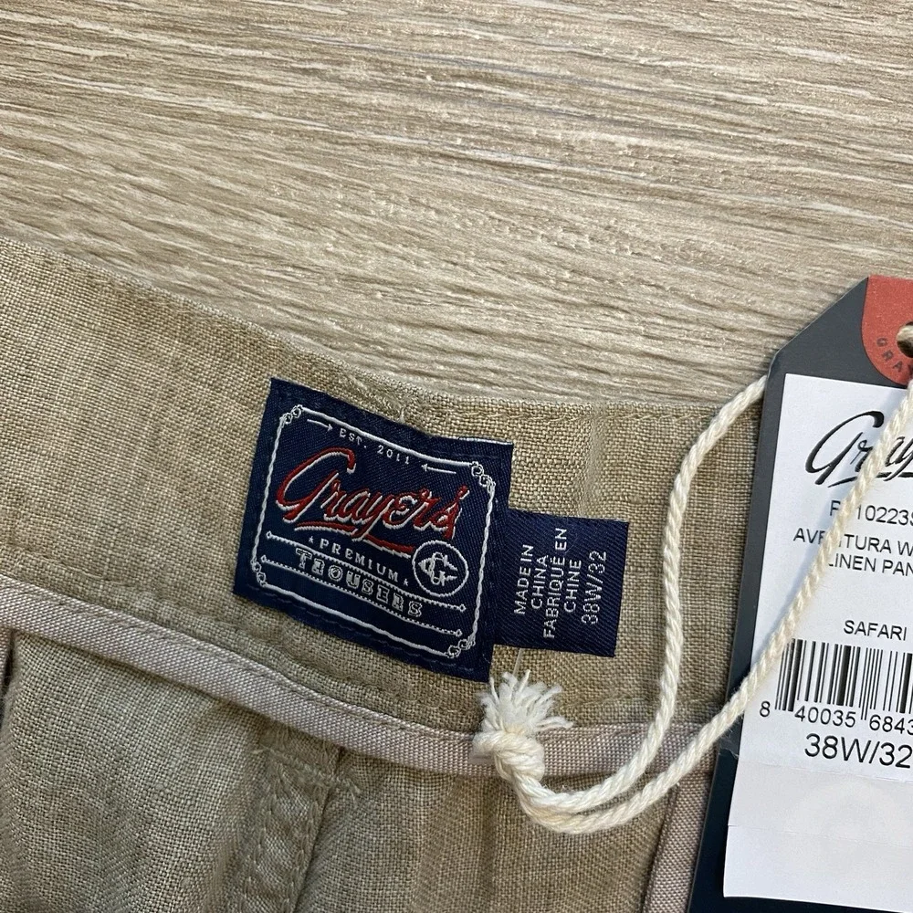 Grayers Aventura Washed Linen Safari Pants Men's 38x32 Khaki Brown NWT $155 MSRP